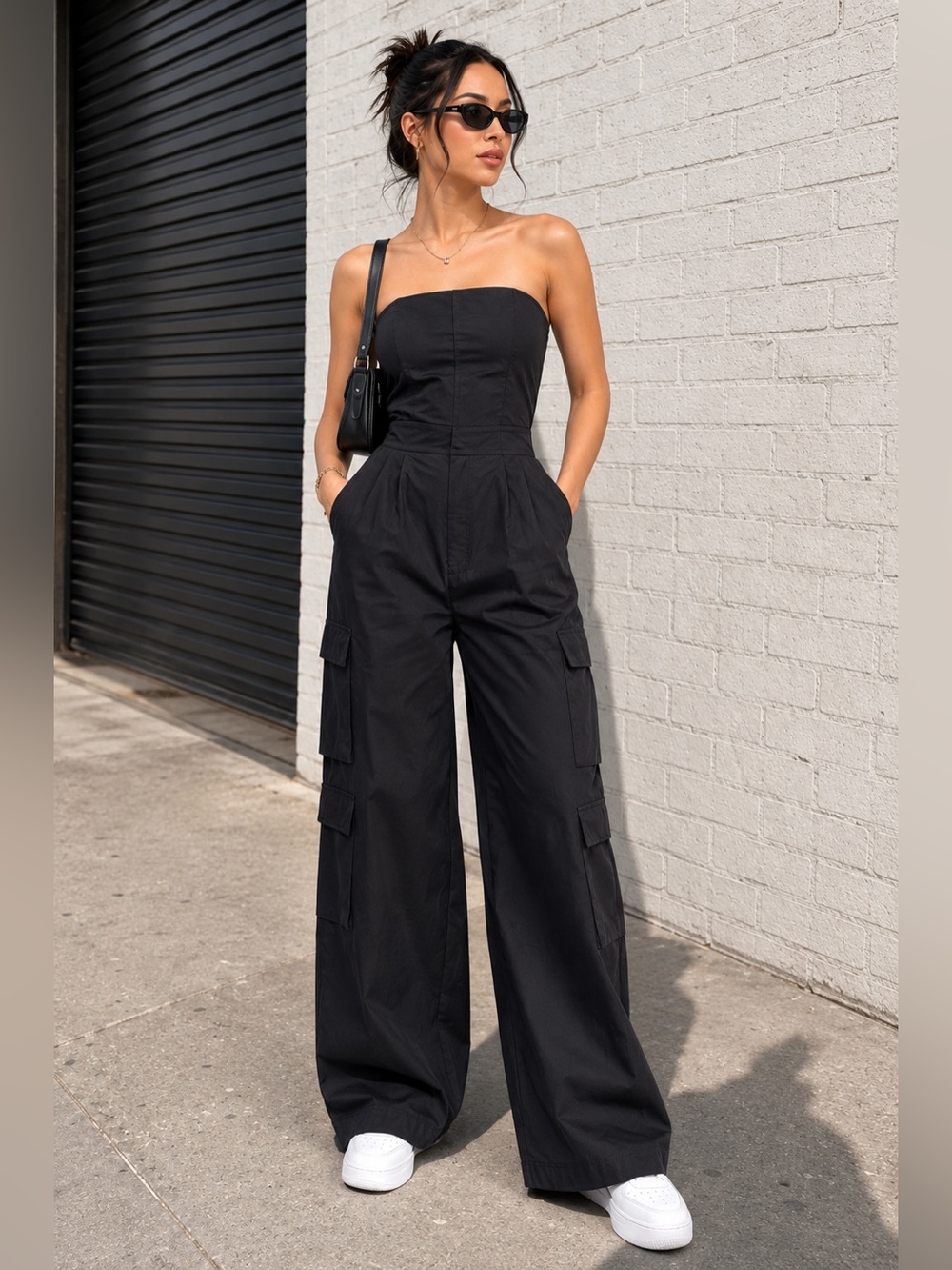 J for Justify Cargo Black Strapless Jumpsuit Women’s Large NWT Wide Leg - Picture 2 of 12